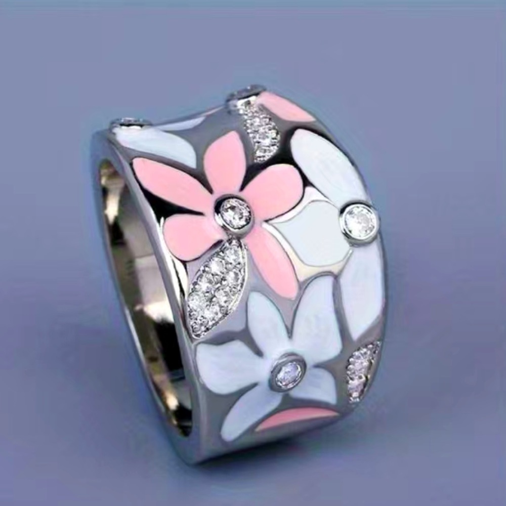 Pink enamel flower silver ring